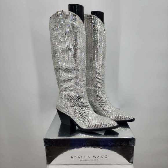 AZALEA WANG Driven Silver Sequin Mirror Tall Western Cowboy Boots 6-10 NWT - Picture 8 of 17